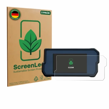 Front side of a product packaging with the brand logo ScreenLeaf. Next to it is the device KTM 390 Duke 2017 shown with the co