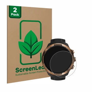 Front side of a product packaging with the brand logo ScreenLeaf. Next to it is the device Suunto 9 Baro shown with the corres