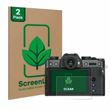 Front side of a product packaging with the brand logo ScreenLeaf. Next to it is the device Fujifilm X-T30 shown with the corre