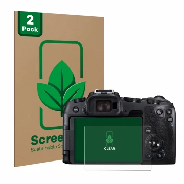 Front side of a product packaging with the brand logo ScreenLeaf. Next to it is the device Canon EOS RP shown with the corresp