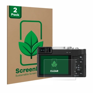 Front side of a product packaging with the brand logo ScreenLeaf. Next to it is the device Panasonic Lumix DC-TZ96 shown with 