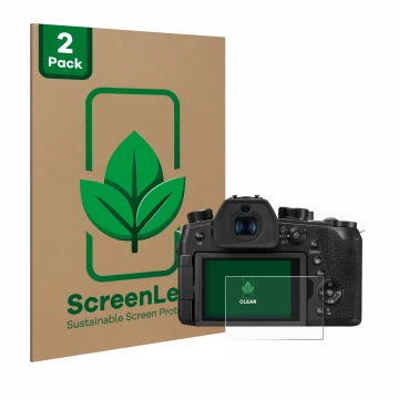 Front side of a product packaging with the brand logo ScreenLeaf. Next to it is the device Panasonic Lumix DC-FZ1000 II shown 