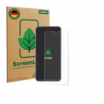 Front side of a product packaging with the brand logo ScreenLeaf. Next to it is the device Samsung Galaxy A40 shown with the c