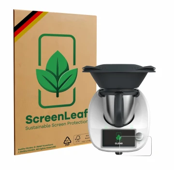 Front side of a product packaging with the brand logo ScreenLeaf. Next to it is the device Vorwerk Thermomix TM6 shown with th