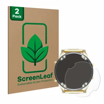 Front side of a product packaging with the brand logo ScreenLeaf. Next to it is the device Diesel DZ7333 Mr. Daddy 2.0 shown w