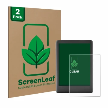 Front side of a product packaging with the brand logo ScreenLeaf. Next to it is the device Amazon Kindle 2019 (10th Gen.) show