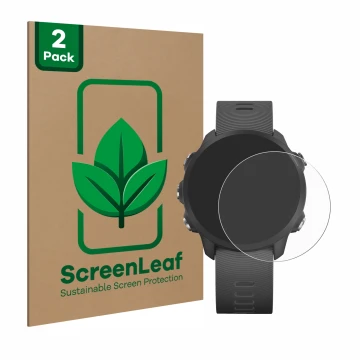 Front side of a product packaging with the brand logo ScreenLeaf. Next to it is the device Garmin Forerunner 245 Music shown w