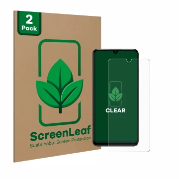 Front side of a product packaging with the brand logo ScreenLeaf. Next to it is the device Huawei P30 lite shown with the corr