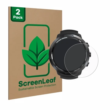 Front side of a product packaging with the brand logo ScreenLeaf. Next to it is the device Suunto D5 shown with the correspond