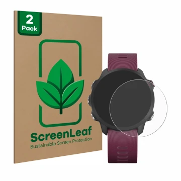 Front side of a product packaging with the brand logo ScreenLeaf. Next to it is the device Garmin Forerunner 245 shown with th
