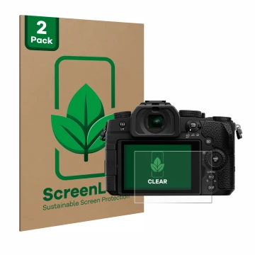 Front side of a product packaging with the brand logo ScreenLeaf. Next to it is the device Panasonic Lumix DC-G91 shown with t