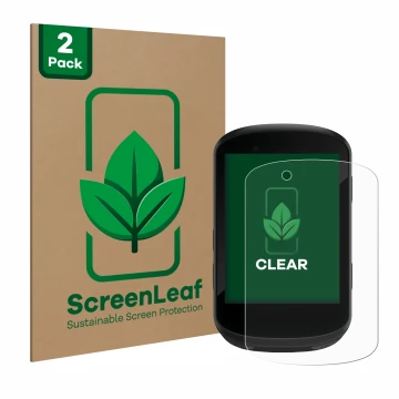 Front side of a product packaging with the brand logo ScreenLeaf. Next to it is the device Garmin Edge 530 shown with the corr