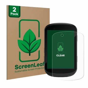 Front side of a product packaging with the brand logo ScreenLeaf. Next to it is the device Garmin Edge 830 shown with the corr