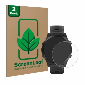 Front side of a product packaging with the brand logo ScreenLeaf. Next to it is the device Garmin Forerunner 945 shown with th