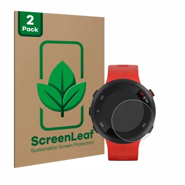 Front side of a product packaging with the brand logo ScreenLeaf. Next to it is the device Garmin Forerunner 45 shown with the
