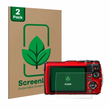 Front side of a product packaging with the brand logo ScreenLeaf. Next to it is the device Olympus Tough TG-6 shown with the c
