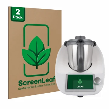 Front side of a product packaging with the brand logo ScreenLeaf. Next to it is the device Vorwerk Bimby TM6 shown with the co