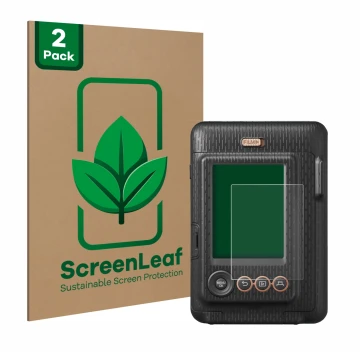 Front side of a product packaging with the brand logo ScreenLeaf. Next to it is the device Fujifilm Instax Mini LiPlay shown w