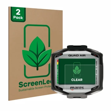 Front side of a product packaging with the brand logo ScreenLeaf. Next to it is the device Mares Quad Air shown with the corre