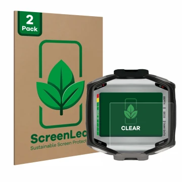 Front side of a product packaging with the brand logo ScreenLeaf. Next to it is the device Mares Quad shown with the correspon