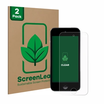 Front side of a product packaging with the brand logo ScreenLeaf. Next to it is the device Apple iPod Touch (7th. Gen.) shown 