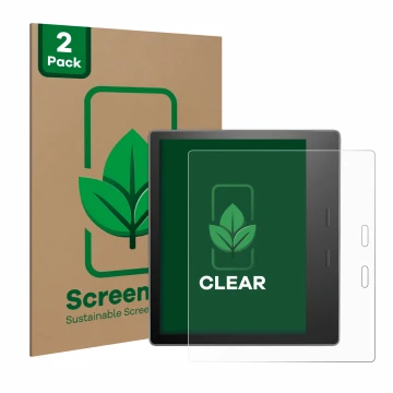 Front side of a product packaging with the brand logo ScreenLeaf. Next to it is the device Amazon Kindle Oasis 2019 (10th Gen.