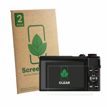 Front side of a product packaging with the brand logo ScreenLeaf. Next to it is the device Canon PowerShot G7 X Mark III shown