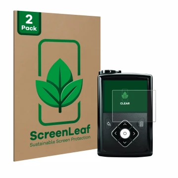 Front side of a product packaging with the brand logo ScreenLeaf. Next to it is the device Medtronic Minimed 640G shown with t