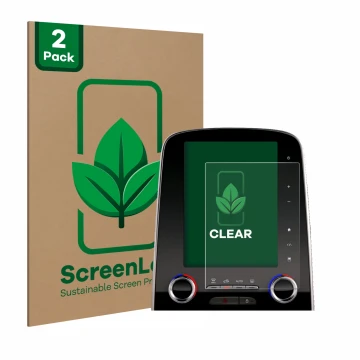 Front side of a product packaging with the brand logo ScreenLeaf. Next to it is the device Renault Scenic R-Link 2 8.7
