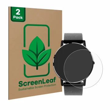 Front side of a product packaging with the brand logo ScreenLeaf. Next to it is the device Holalei Fitness Tracker 1.3