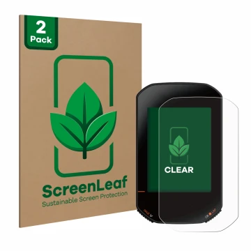 Front side of a product packaging with the brand logo ScreenLeaf. Next to it is the device Bryton Rider 420 shown with the cor