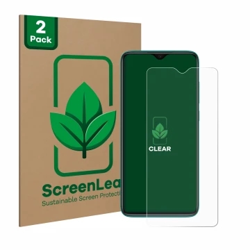 Front side of a product packaging with the brand logo ScreenLeaf. Next to it is the device Xiaomi Redmi Note 8 Pro shown with 