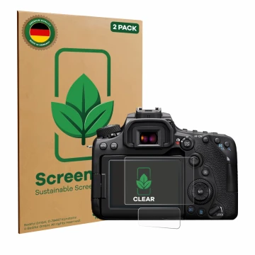 Front side of a product packaging with the brand logo ScreenLeaf. Next to it is the device Canon EOS 90D shown with the corres