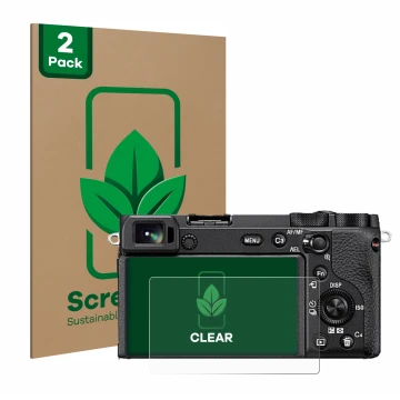 Front side of a product packaging with the brand logo ScreenLeaf. Next to it is the device Sony Alpha 6600 shown with the corr