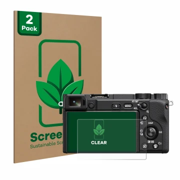 Front side of a product packaging with the brand logo ScreenLeaf. Next to it is the device Sony Alpha 6100 shown with the corr