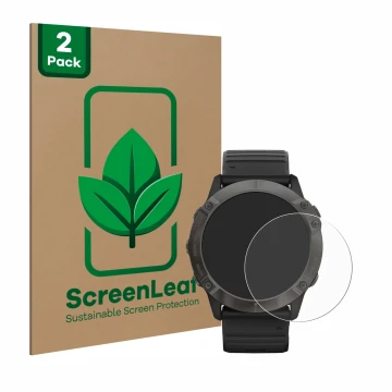 Front side of a product packaging with the brand logo ScreenLeaf. Next to it is the device Garmin Fenix 6X Pro shown with the 