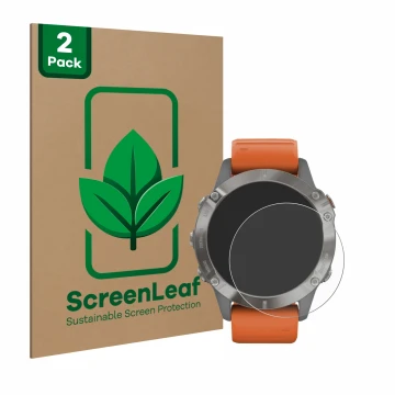 Front side of a product packaging with the brand logo ScreenLeaf. Next to it is the device Garmin Fenix 6 Pro shown with the c