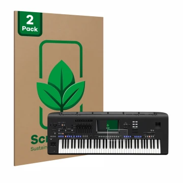 Front side of a product packaging with the brand logo ScreenLeaf. Next to it is the device Yamaha Genos shown with the corresp