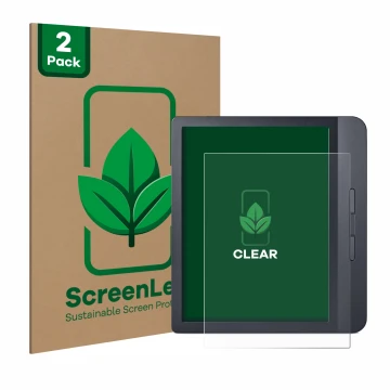 Front side of a product packaging with the brand logo ScreenLeaf. Next to it is the device Kobo Libra H2O shown with the corre