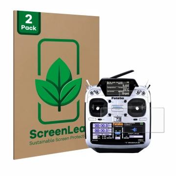 Front side of a product packaging with the brand logo ScreenLeaf. Next to it is the device Robbe Futaba T32MZ shown with the c