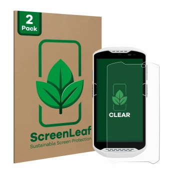 Front side of a product packaging with the brand logo ScreenLeaf. Next to it is the device Zebra TC57 shown with the correspon