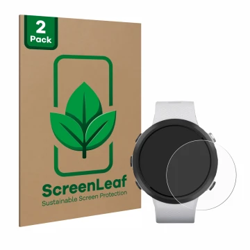 Front side of a product packaging with the brand logo ScreenLeaf. Next to it is the device Garmin Swim 2 shown with the corres