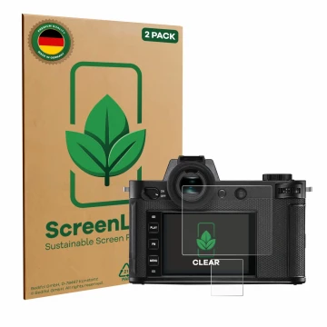 Front side of a product packaging with the brand logo ScreenLeaf. Next to it is the device Leica SL2 shown with the correspond