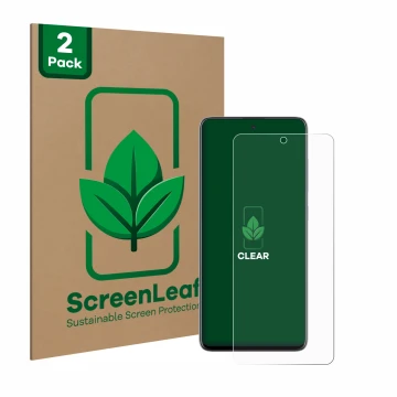 Front side of a product packaging with the brand logo ScreenLeaf. Next to it is the device Samsung Galaxy A51 shown with the c