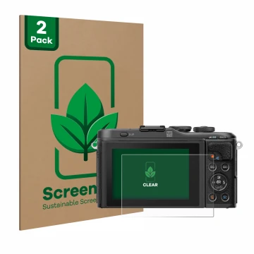 Front side of a product packaging with the brand logo ScreenLeaf. Next to it is the device Olympus PEN E-PL10 shown with the c