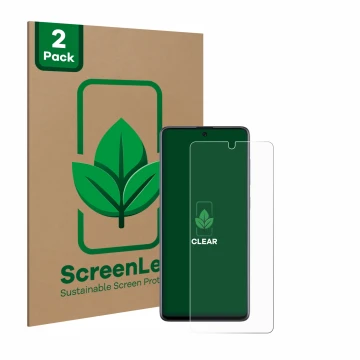 Front side of a product packaging with the brand logo ScreenLeaf. Next to it is the device Samsung Galaxy A71 shown with the c
