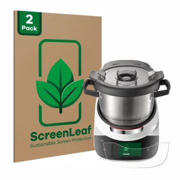 Front side of a product packaging with the brand logo ScreenLeaf. Next to it is the device Bosch Cookit shown with the corresp