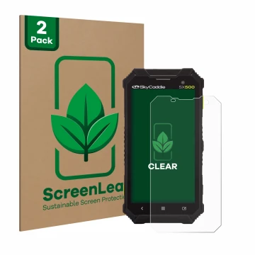 Front side of a product packaging with the brand logo ScreenLeaf. Next to it is the device SkyCaddie SX500 shown with the corr