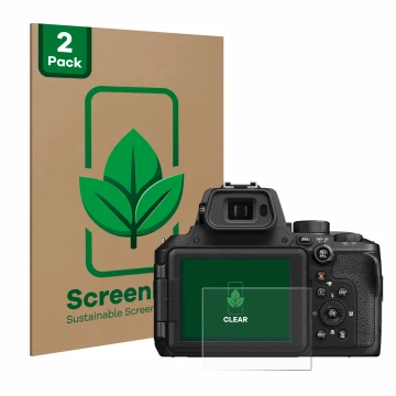 Front side of a product packaging with the brand logo ScreenLeaf. Next to it is the device Nikon Coolpix P950 shown with the c