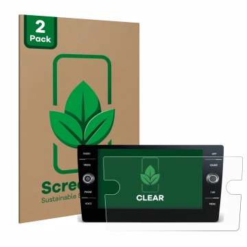 Front side of a product packaging with the brand logo ScreenLeaf. Next to it is the device Volkswagen Touran 2017 Discover Med
